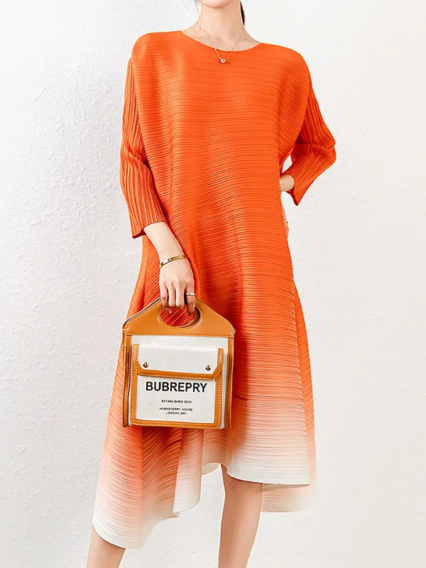 Original Long Sleeves Loose Pleated Gradient Round-neck Midi Dresses