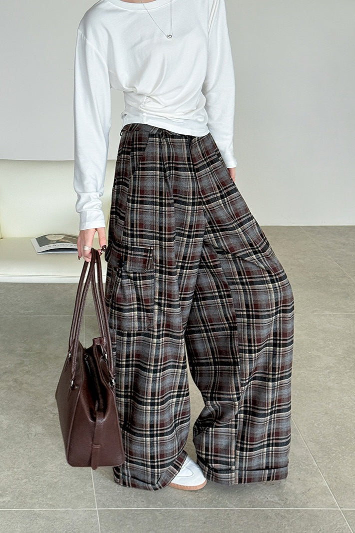 Retro Colorblock Plaid Straight Pants