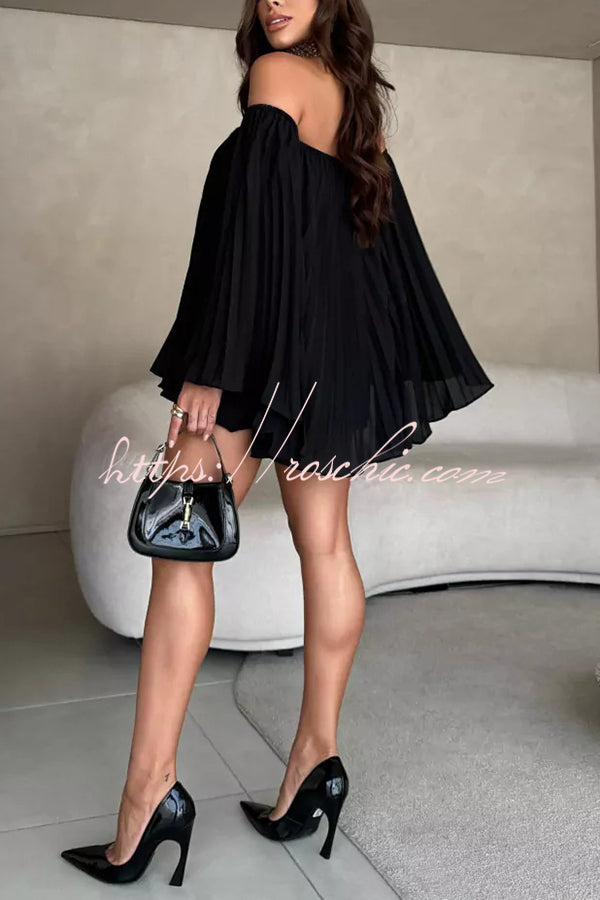 Off-the-shoulder Pleated Loose Top and Elastic Waist Shorts Set