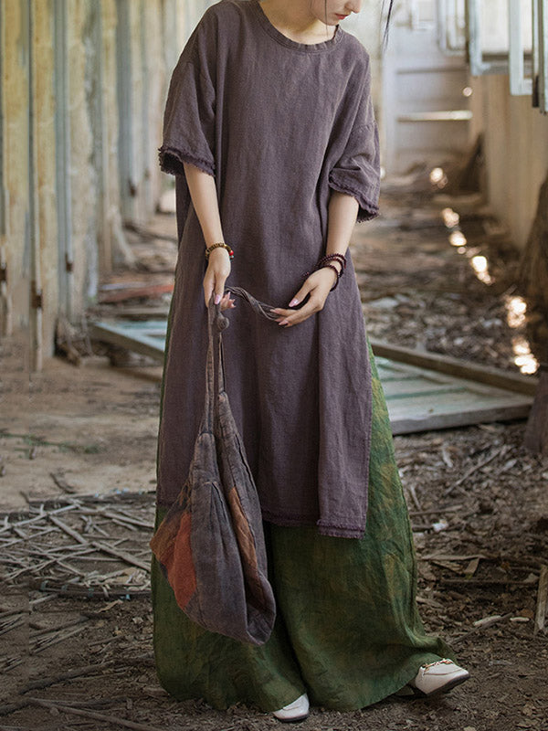 Half Sleeves High-low Fringed Color Split-joint Split-side Round-neck Midi Dresses