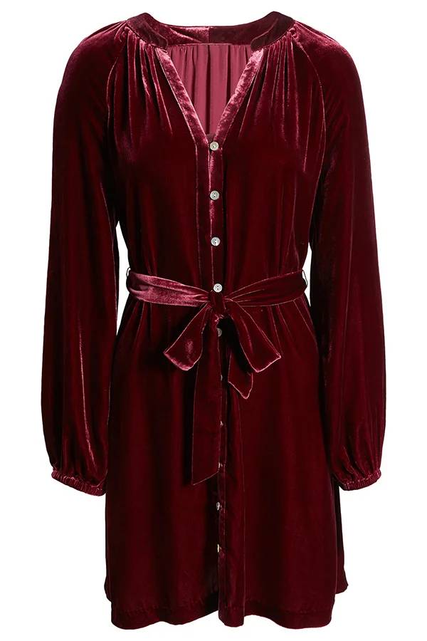 Color Velvet Long-sleeved V-neck Lace-up Mini Dress