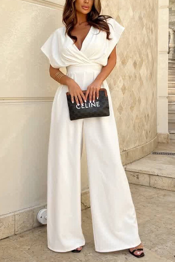 Color V-neck Waist Wide-leg Jumpsuit