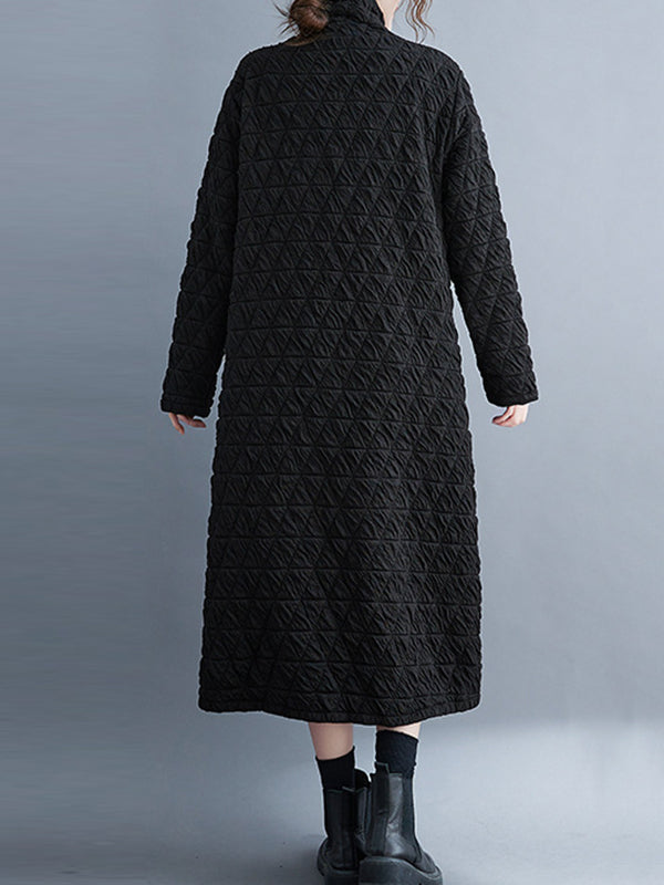 Long Sleeves Loose Color Textured High-neck Cotton Padded Midi Dresses