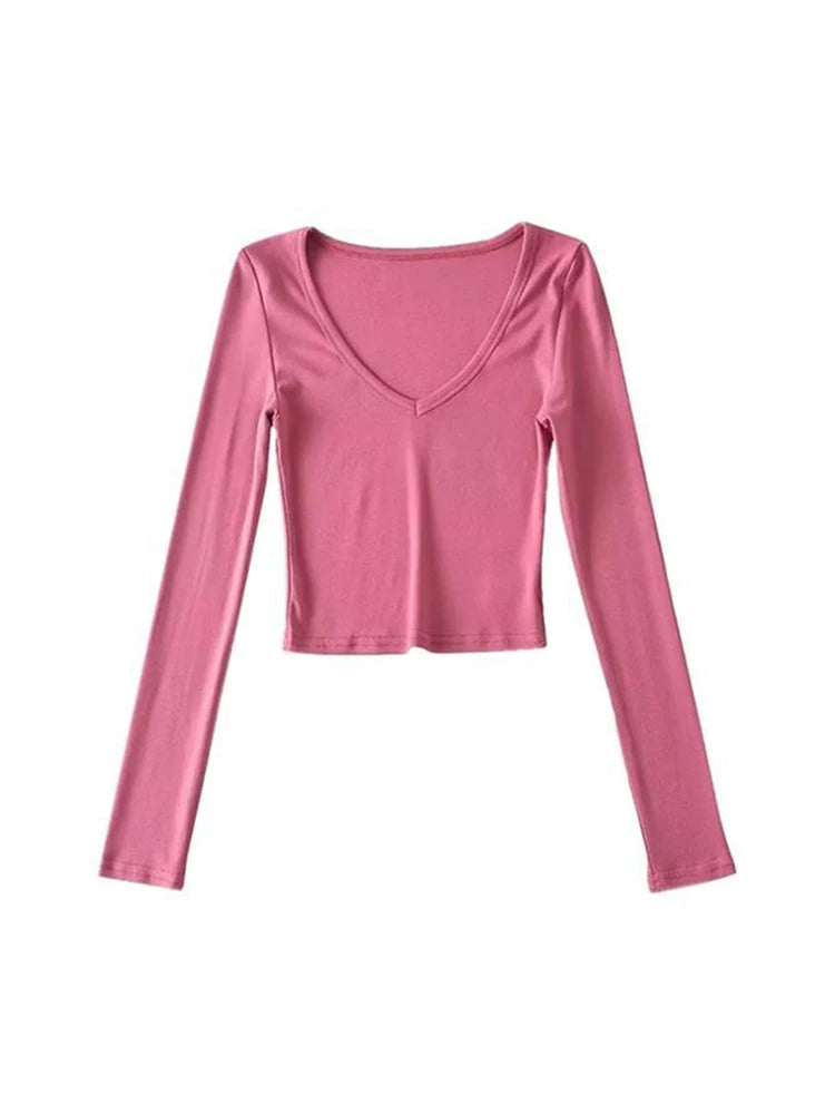 ’s Crop Tops Spring and Autumn Long-sleeved V-neck Cropped Top Bottoming Shirt T-shirt Tops
