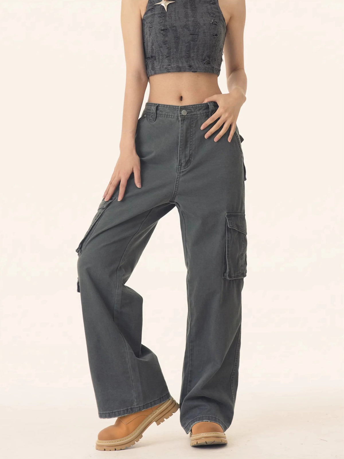 Straight Leg Cargo Pants With Multiple Side Pockets