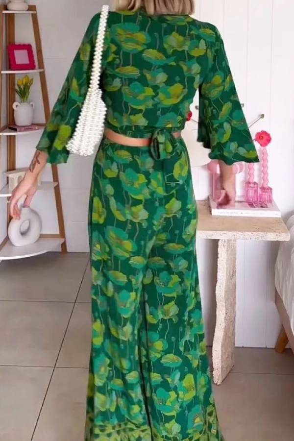 V-neck Lace-up Top & Pants Two-piece Set