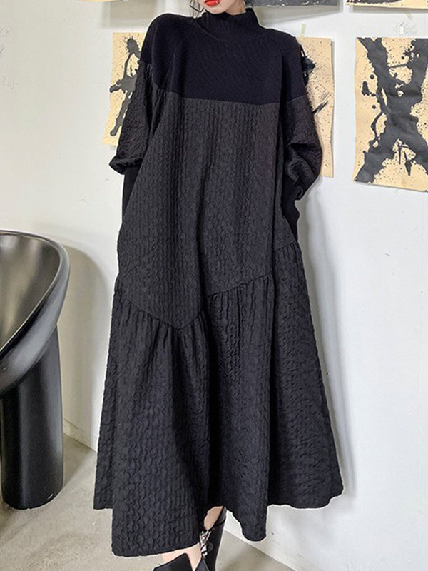 A-line Long Sleeves Asymmetric Color Split-joint High-neck Midi Dresses Sweater Dresses