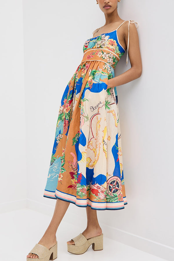 Unique Printed Lace-up Suspender Pockets Resort Style Midi Dress