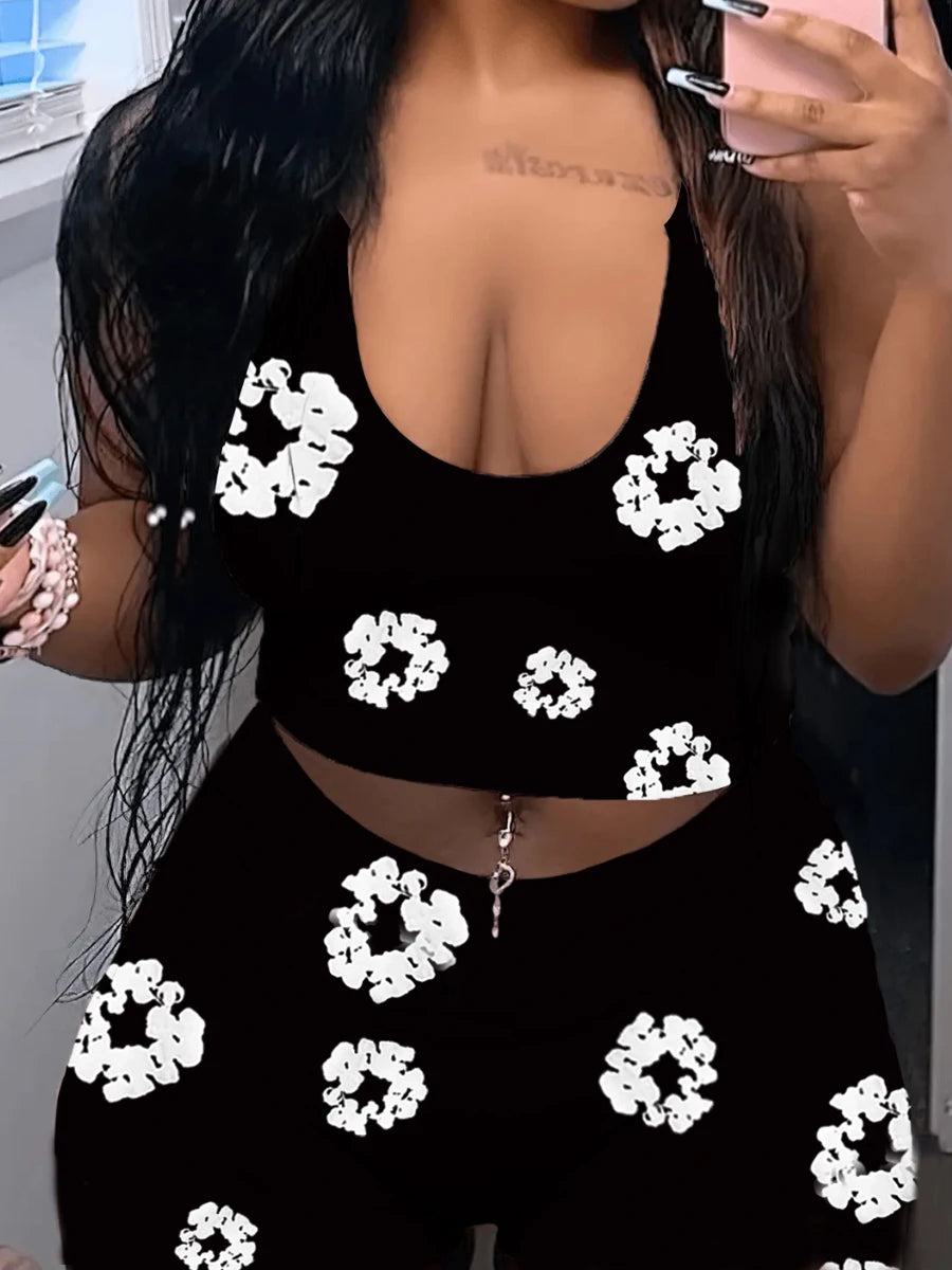 Cami Print Shorts Set Y2k Two Pieces Outfits Crop Top High Waist Shorts Clothes Sets