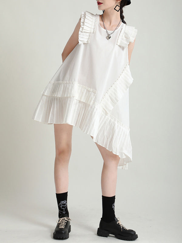 Flying Sleeves Loose Asymmetric Pleated Color Split-joint Round-neck Midi Dresses