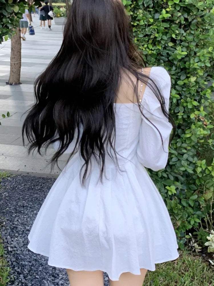 Korean Style Mini Dress Long Sleeve Square Collar Spring High Waist Female Birthday Party Vestidos Mujer