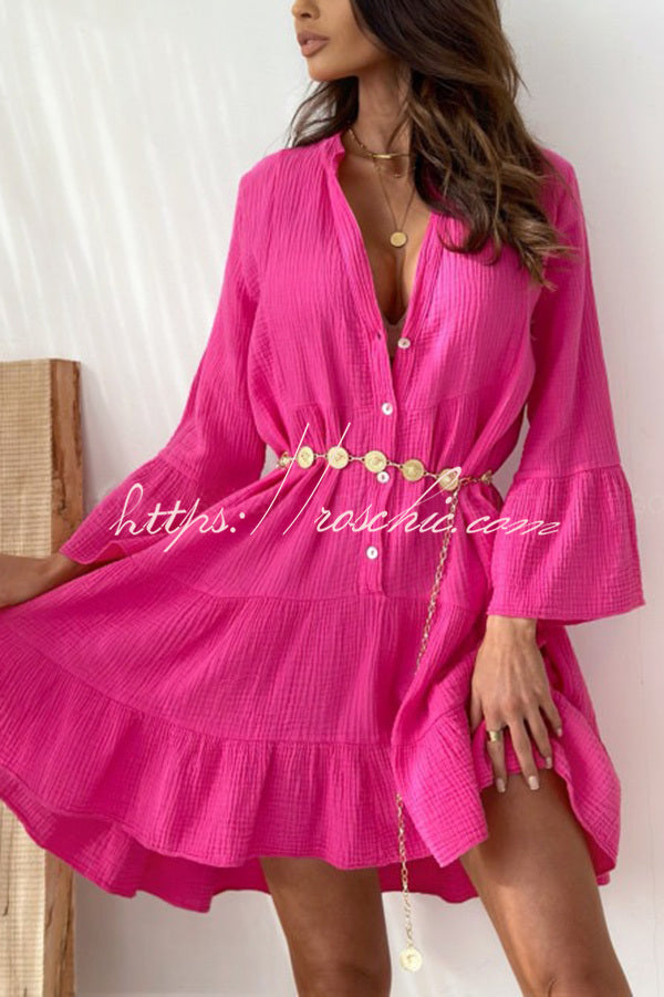 Linen Blend V-neck Bell Sleeve Mini Dress