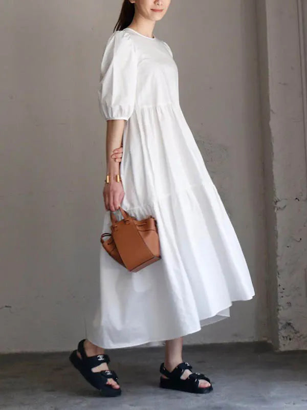 Half Sleeves Puff Sleeves Breathable See-through Color Round-neck Midi Dresses
