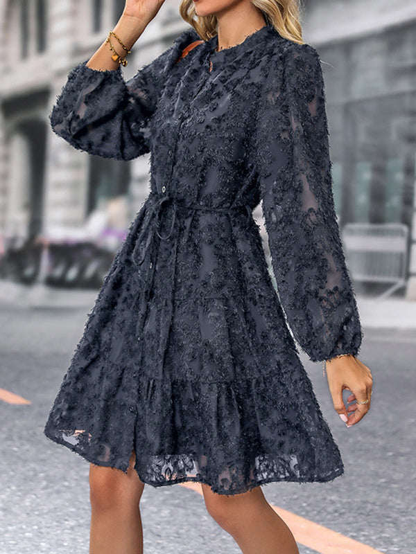 A-line Long Sleeves Buttoned Elasticity Jacquard Pleated Color Tied Waist Stand Collar Mini Dresses