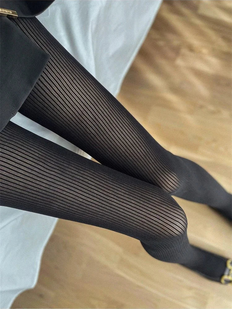 Knit Ribbed Pantyhose See-through Stockings Black Striped Lace Tights Skinny Leggings