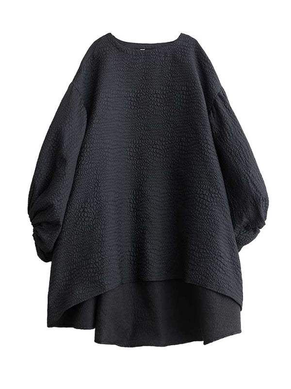 High-low Long Sleeves Elasticity Color Split-joint Round-neck Midi Dresses