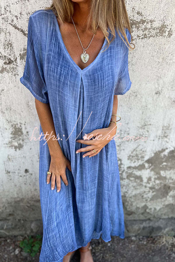 Bayside Bliss Linen Blend Short Sleeve Pleated Loose Midi Dress