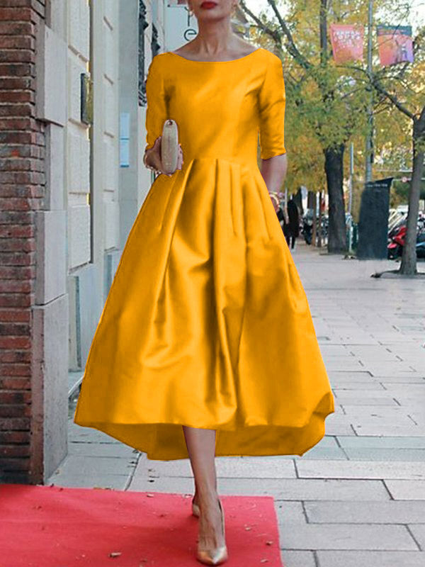A-line Loose Pleated Pockets Color Split-joint Round-neck Midi Dresses