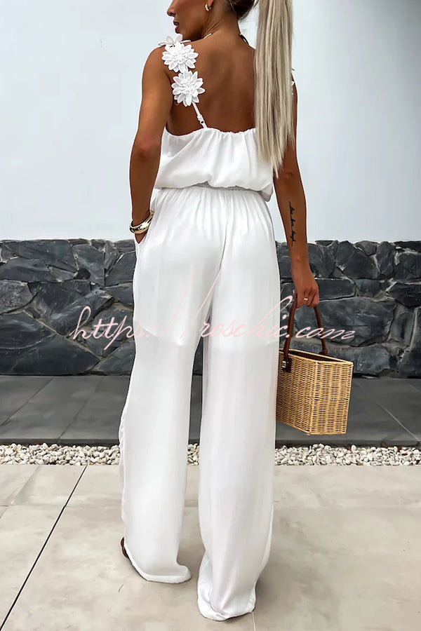 Color Embroidered Flower Suspenders Loose Jumpsuit