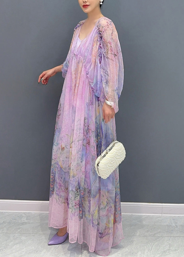 Lavender U Neck Print Patchwork Long Dresses Summer Ao1064