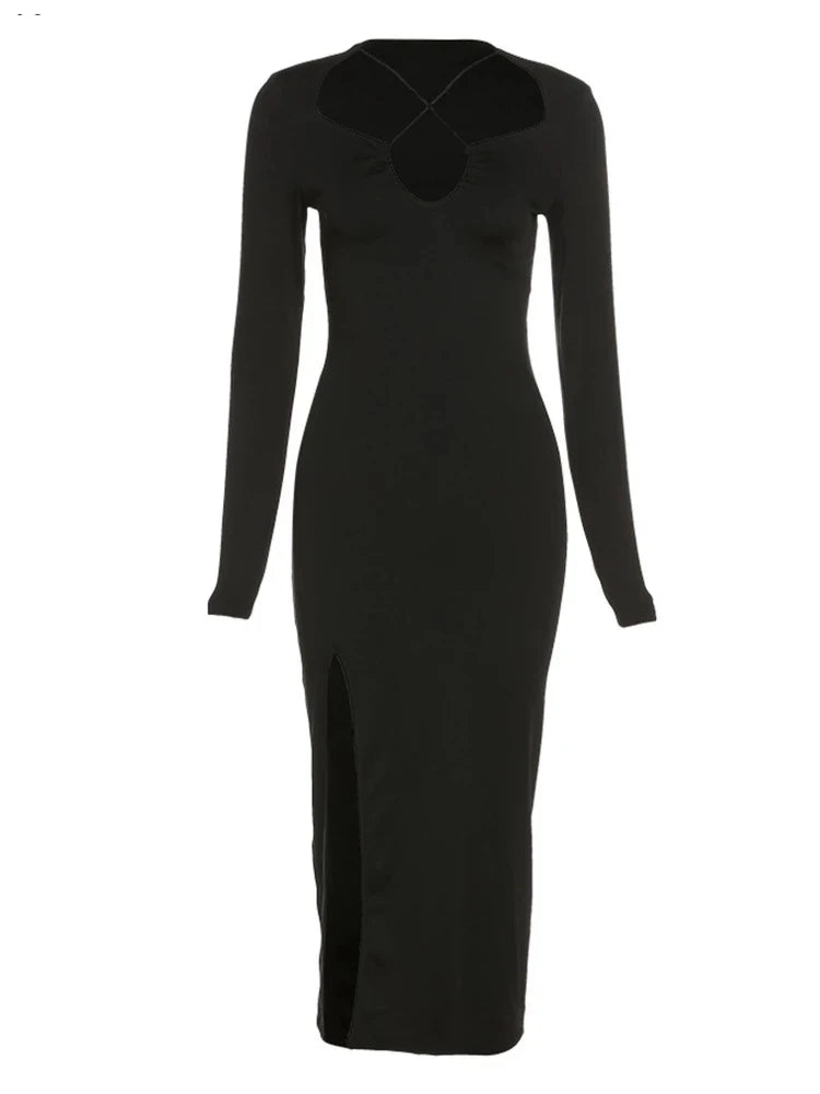 Autumn Crossed Cleavage Maxi Dress Concise Side Spilt Vestido Lady High Street Bodycon Slim Robe Skirt