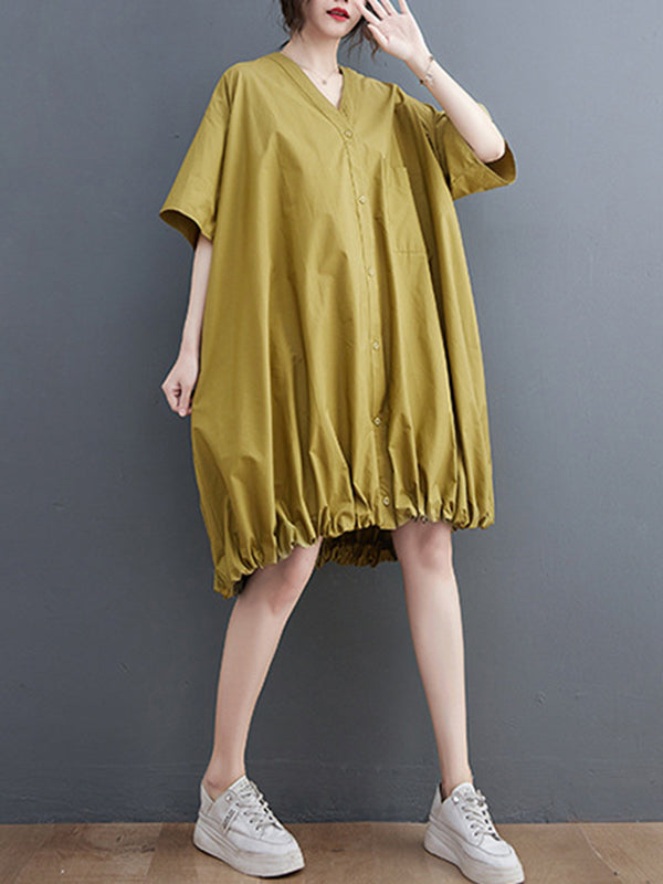 Loose Short Sleeves Color V-neck Midi Dresses