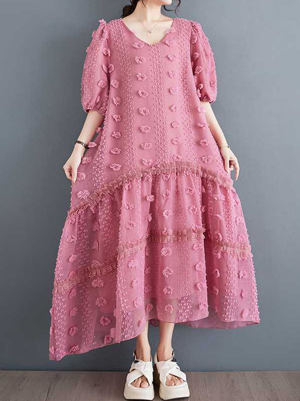 A-line Half Sleeves Elasticity Jacquard Color Split-joint V-neck Midi Dresses