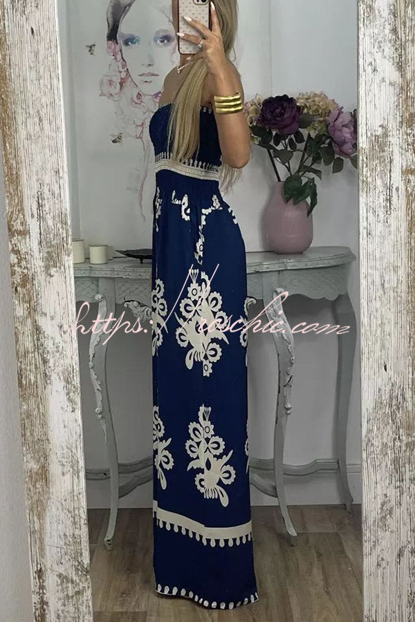 Larsen Print Off Shooulder Smocked Bust Pocketed Jumpsuit
