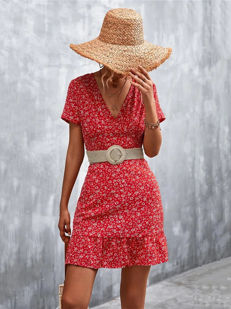 Summer Short Dress V Neck Print Party Dress Flower Mini Dress for
