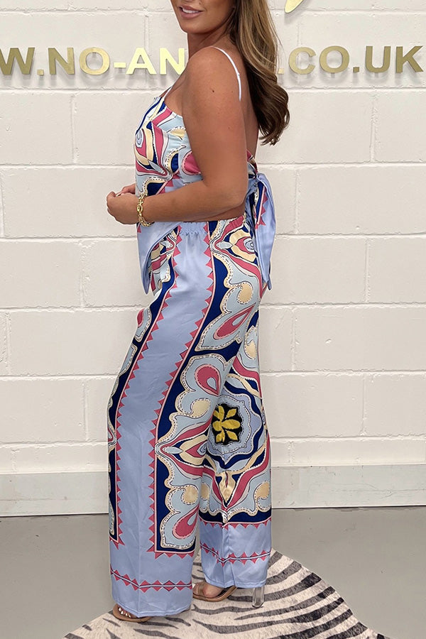 Print Suspenders Open Back Tie Top + Straight Pants Set