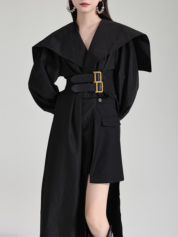 High Waisted Long Sleeves Asymmetric Belted Pleated Color Lapel Midi Dresses