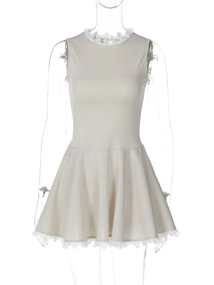 Autumn Lace Patchwork Mini Dress for Ruffled Sleeveless Slim Party Dress Gown Female High Waist Dress