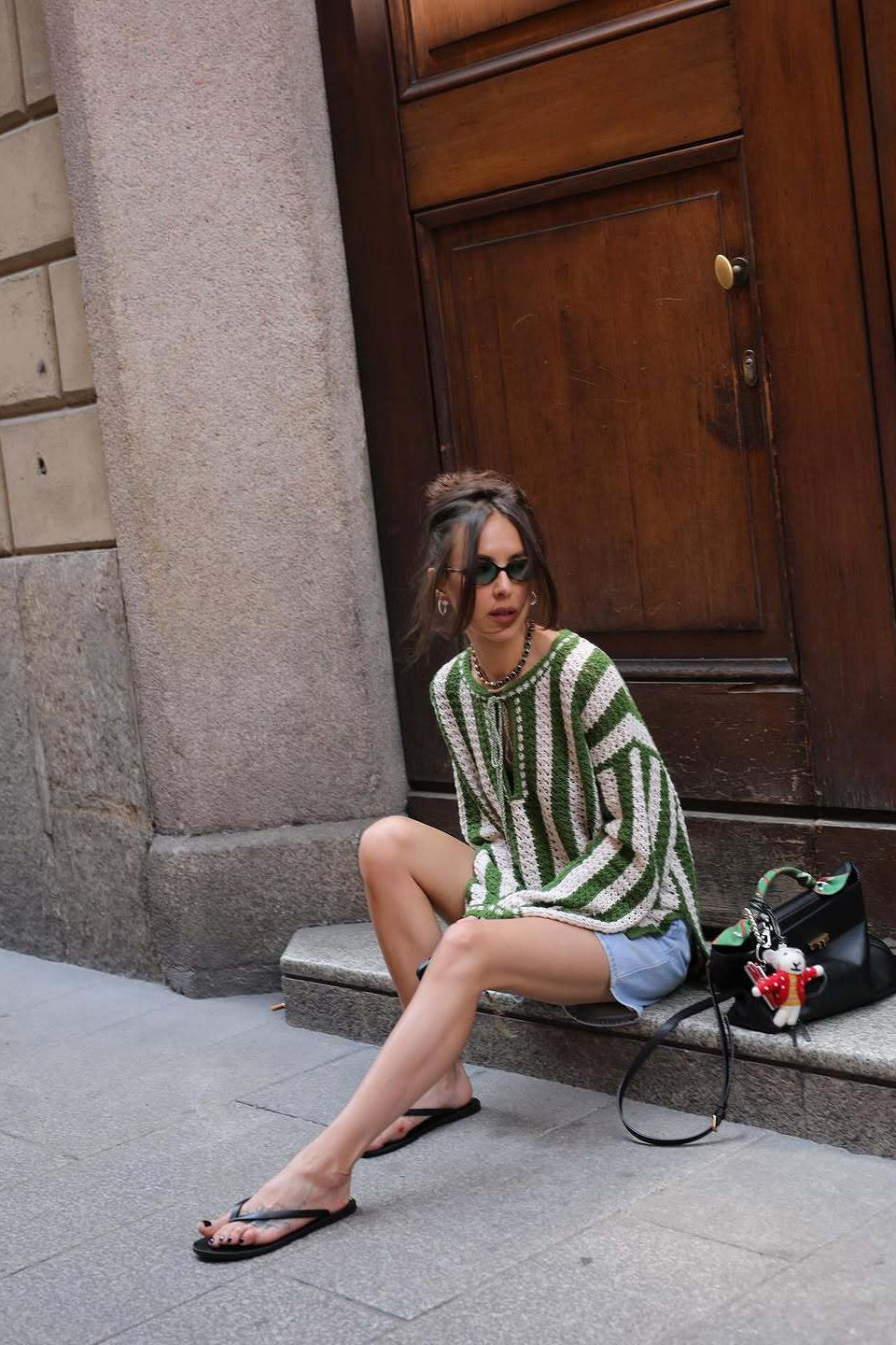 Green White Vertical Stripe Tie Waist Knit Sweater