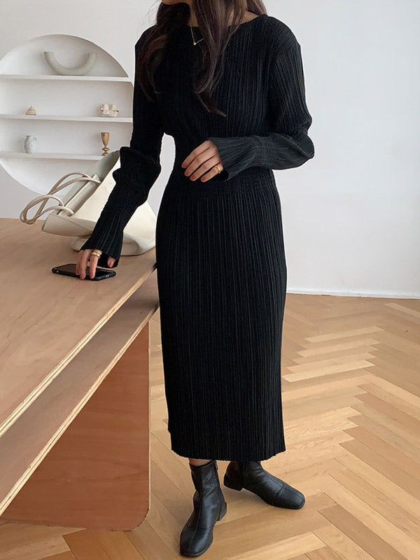 Simple Long Sleeves Black Split-joint Elasticity Waist Pleated Midi Dress