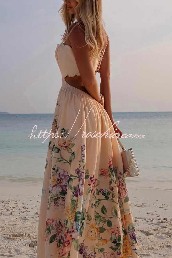 Cabo Sunsets Print Petal Trim Back Lace-up Midi Dress