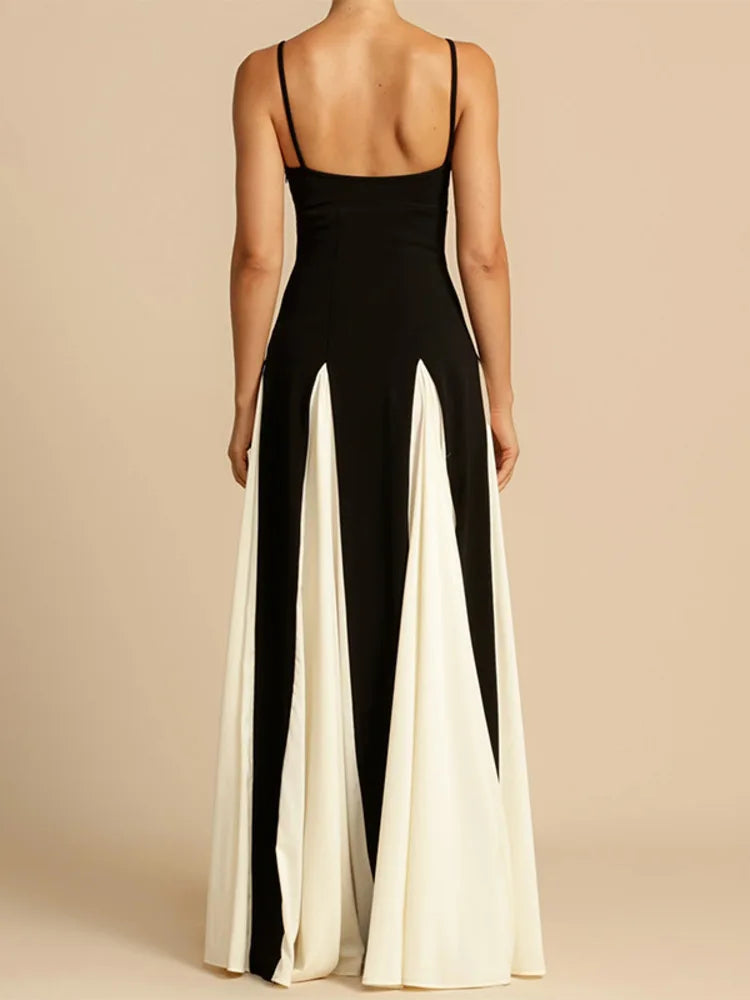 Patchwork Spaghetti Strap Long Dress for Sleeveless Backless Evening Maxi Dress