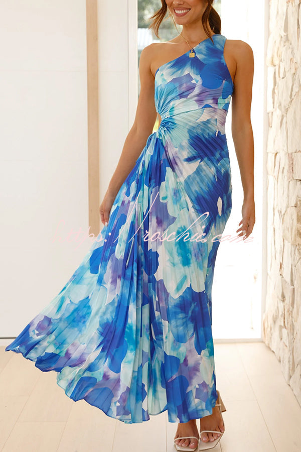 Laken Print One Shoulder Adjustable Tie Cutout Pleated Maxi Dress