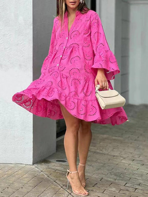 A-line Flared Sleeves Buttoned Hollow Color Split-joint V-neck Mini Dresses