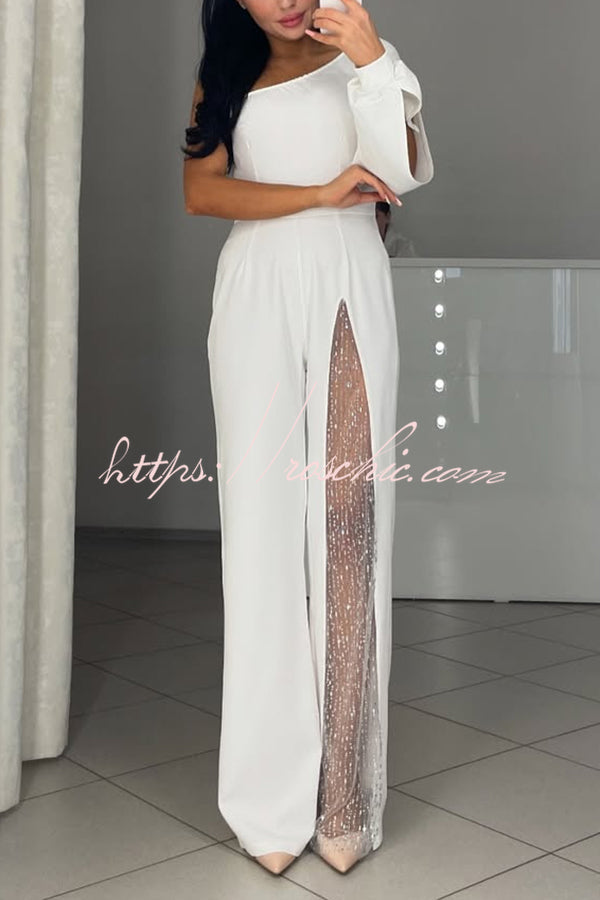 Fashionable Oblique Shoulder One-sleeve High Slit Slim Jumpsuit