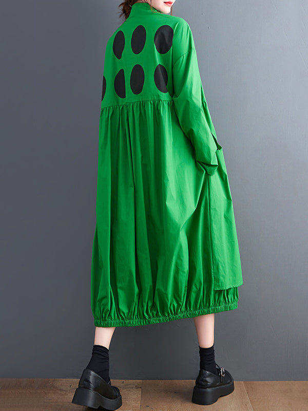 Stylish Long Sleeves A-line Polka Dot Polo Shirt Midi Dresses