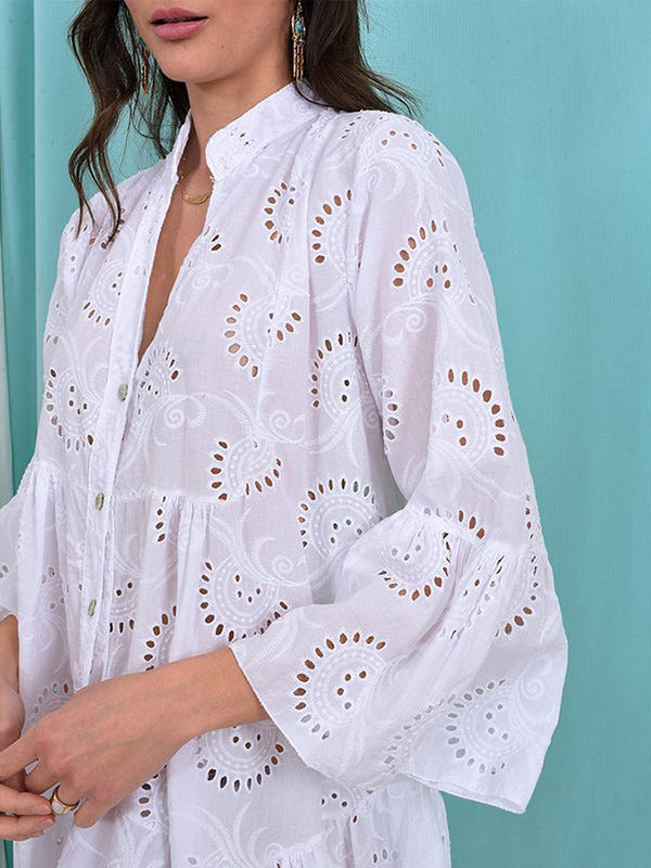 A-line Flared Sleeves Buttoned Hollow Color Split-joint V-neck Mini Dresses