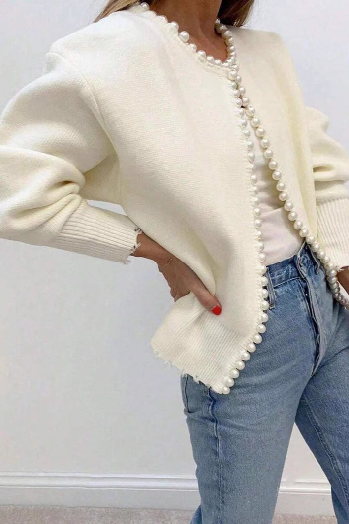 Pearl-trimmed Crew-neck Heavy-detail Knit Cardigan