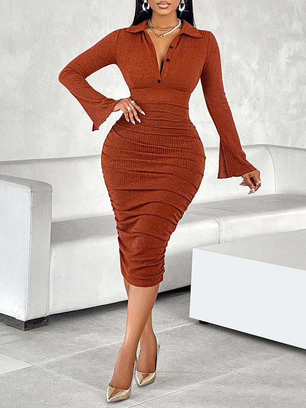 Bodycon Long Sleeves Buttoned Pleated Color Split-joint Lapel Midi Dresses
