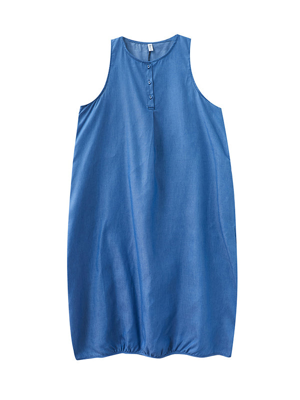 A-line Loose Buttoned Pleated Color Round-neck Midi Dresses
