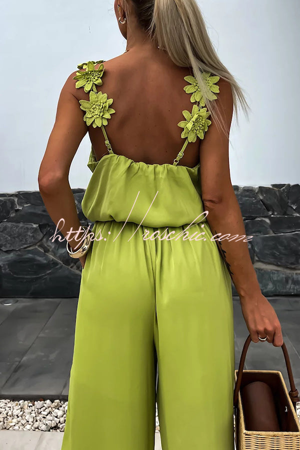 Color Embroidered Flower Suspenders Loose Jumpsuit