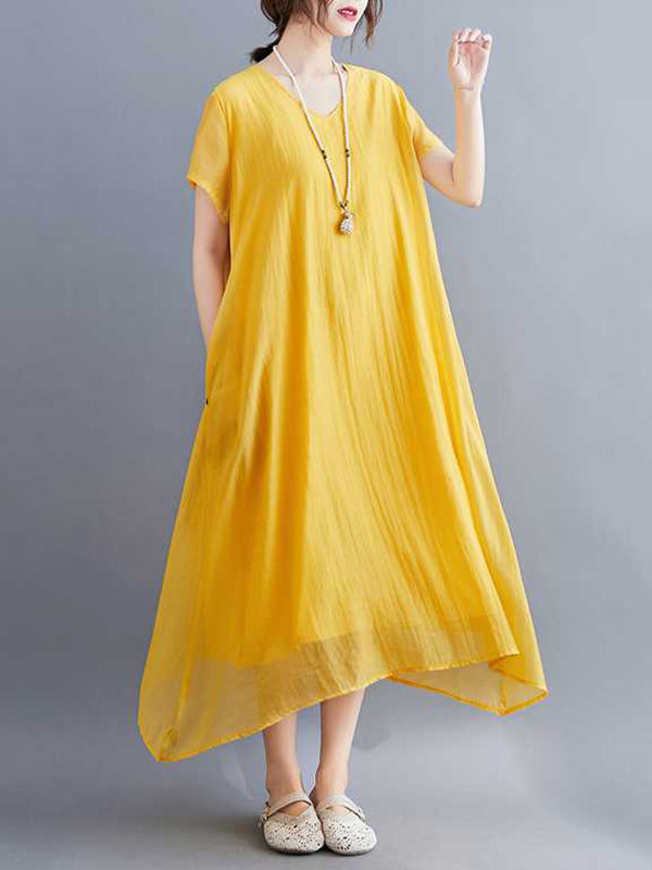A-line Loose Color V-neck Midi Dresses
