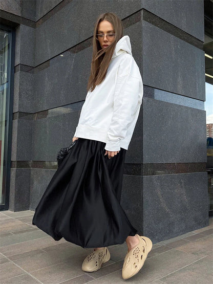 Satin White Skirts High Street Pleated Maxi Skirts for Spring New Evening Nighy Party Skirts