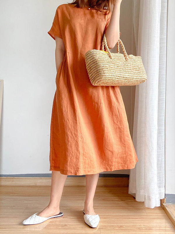 Loose Color Round-neck Midi Dresses