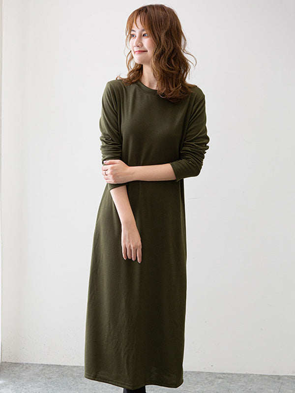 Simple Color Round-neck A-line Midi Dress