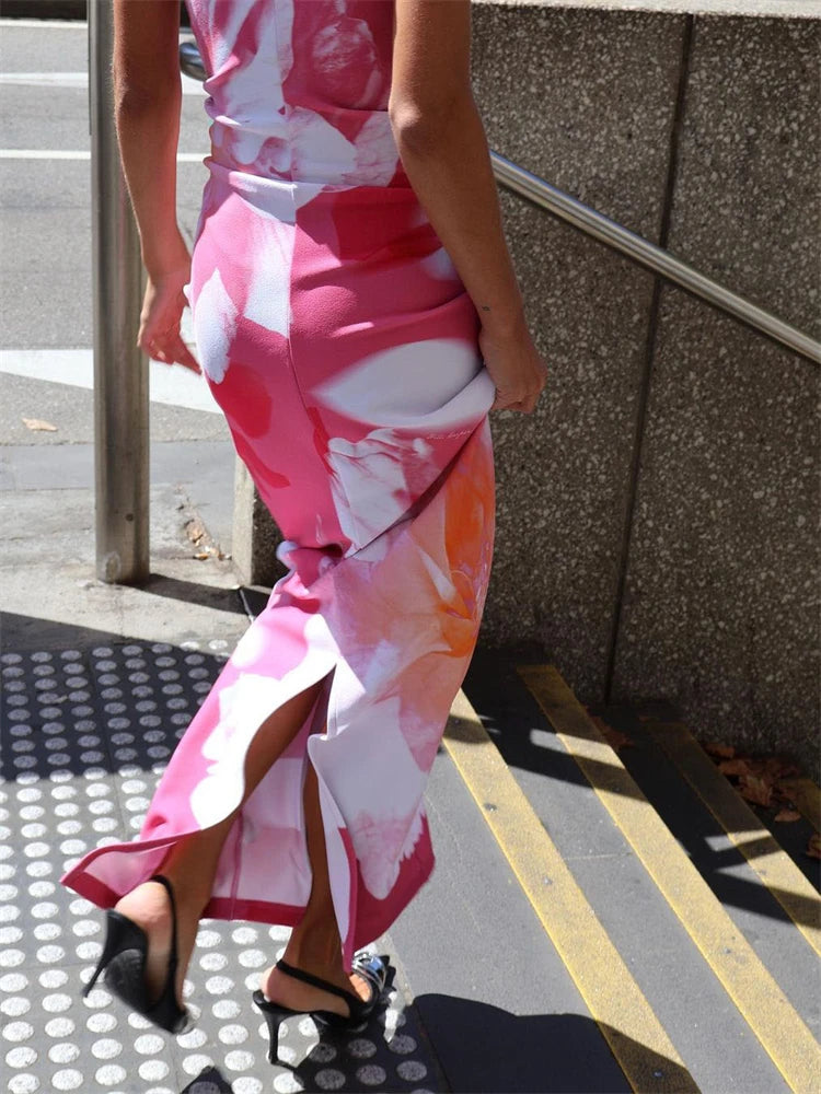 Contrast Spaghetti Slim Maxi Dress Female Printed Off-shoulder Holiday Beach Dress Patchwork Summer Party Dress